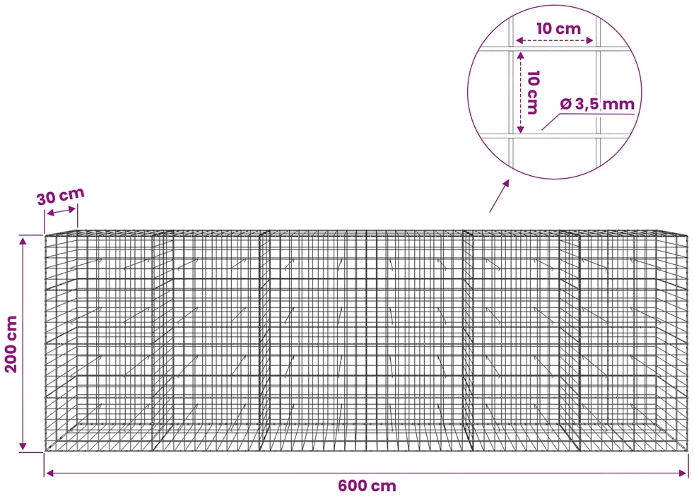 Gabionas su 3,5 mm viela ir 10x10 cm tinkleliu 600x30x200 cm
