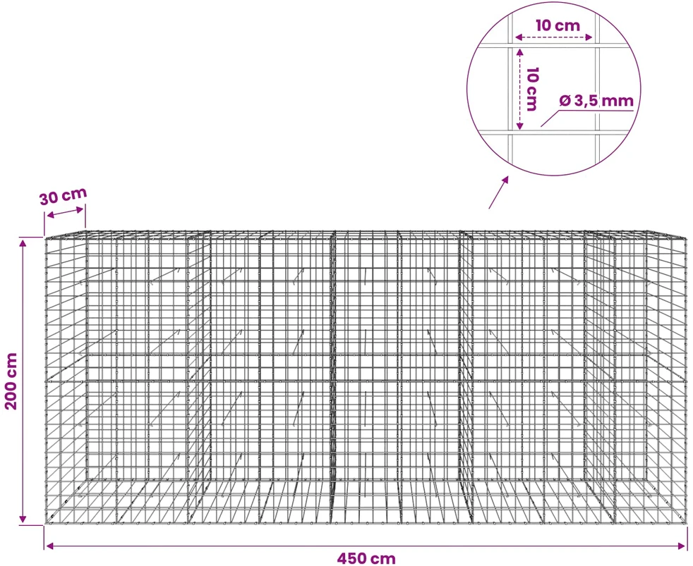Gabionas su 3,5 mm viela ir 10x10 cm tinkleliu 450x30x200 cm