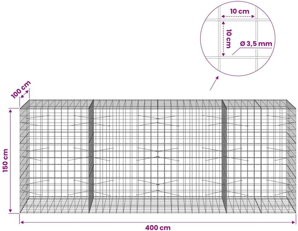 Gabionas su 3,5 mm viela ir 10x10 cm tinkleliu 400x100x150 cm