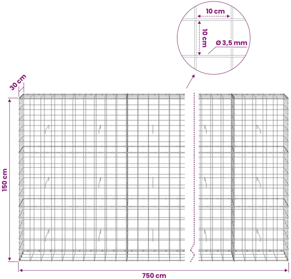 Gabionas su 3,5 mm viela ir 10x10 cm tinkleliu 750x30x150 cm