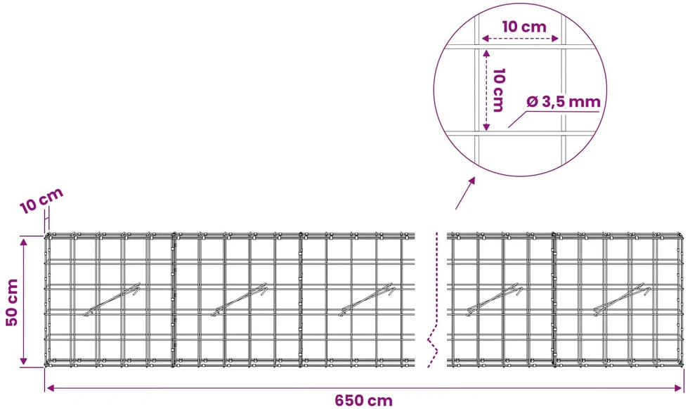 Gabionas su 3,5 mm viela ir 10x10 cm tinkleliu 650x10x50 cm
