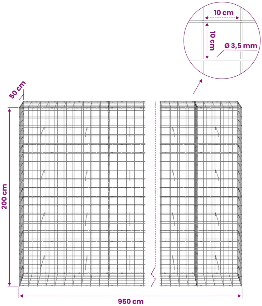 Gabionas su 3,5 mm viela ir 10x10 cm tinkleliu 950x50x200 cm