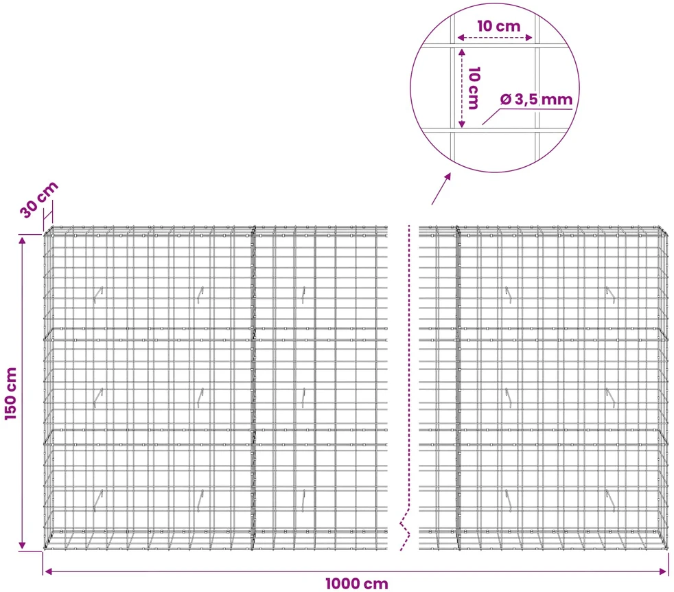 Gabionas su 3,5 mm viela ir 10x10 cm tinkleliu 1000x30x150 cm