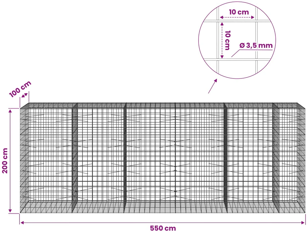 Gabionas su 3,5 mm viela ir 10x10 cm tinkleliu 550x100x200 cm