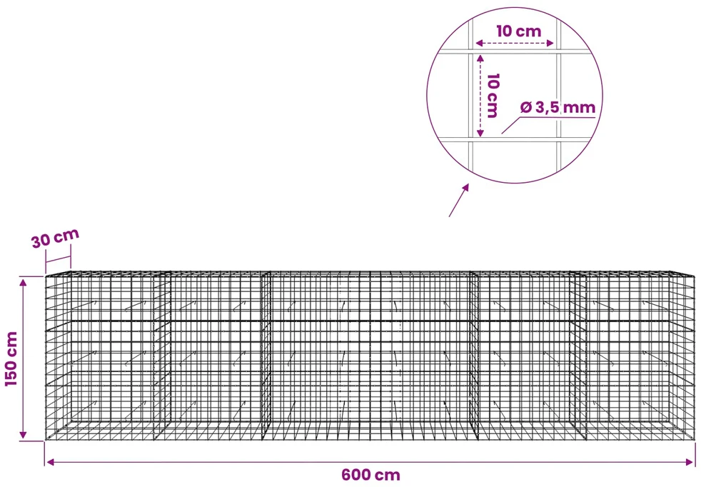 Gabionas su 3,5 mm viela ir 10x10 cm tinkleliu 600x30x150 cm
