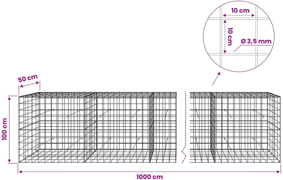 Gabionas su 3,5 mm viela ir 10x10 cm tinkleliu 1000x50x100 cm