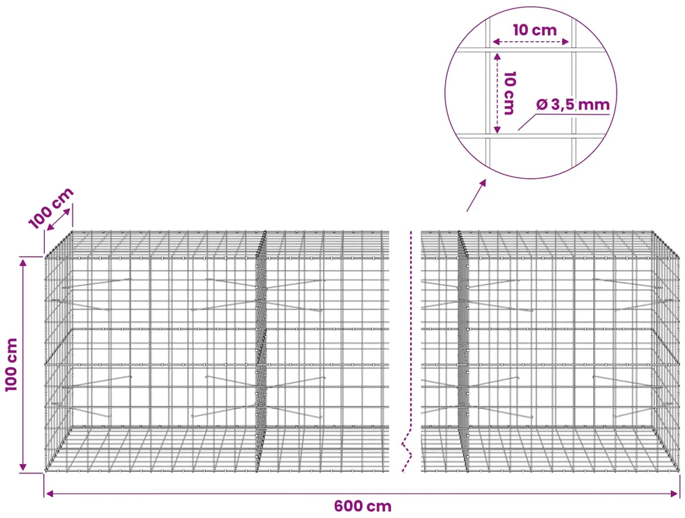 Gabionas su 3,5 mm viela ir 10x10 cm tinkleliu 600x100x100 cm