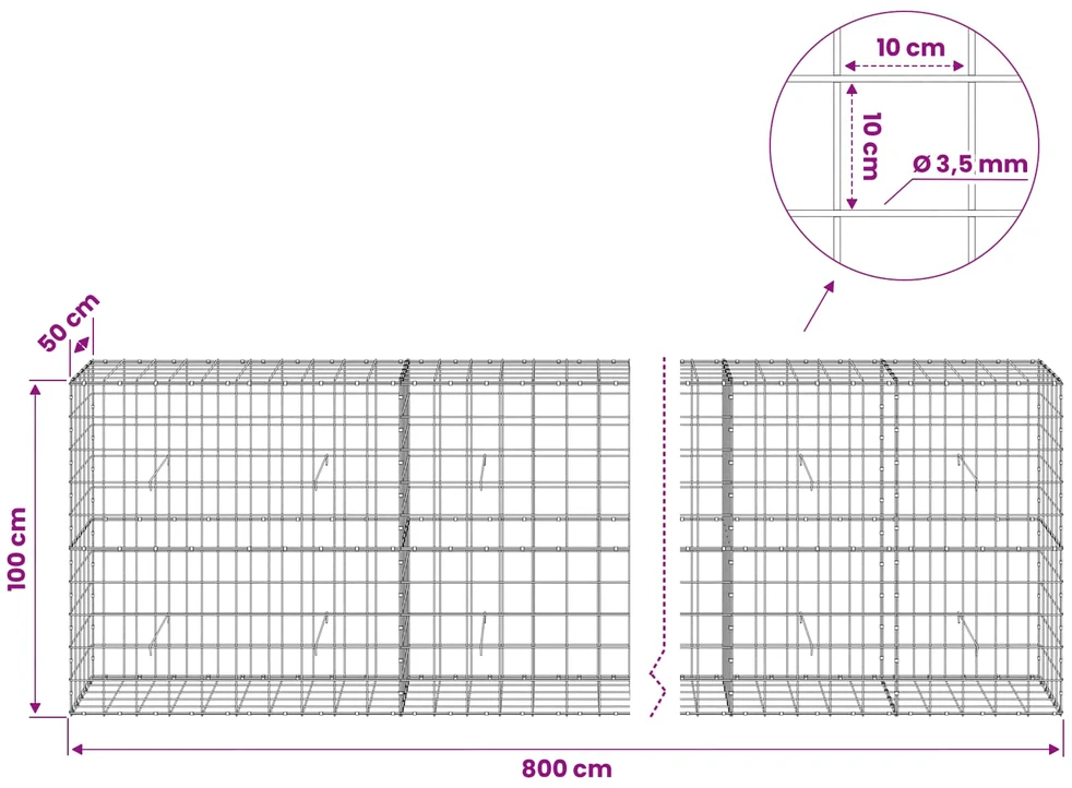 Gabionas su 3,5 mm viela ir 10x10 cm tinkleliu 800x50x100 cm