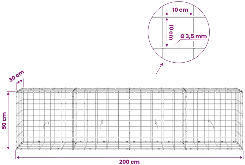 Gabionas su 3,5 mm viela ir 10x10 cm tinkleliu 200x30x50 cm