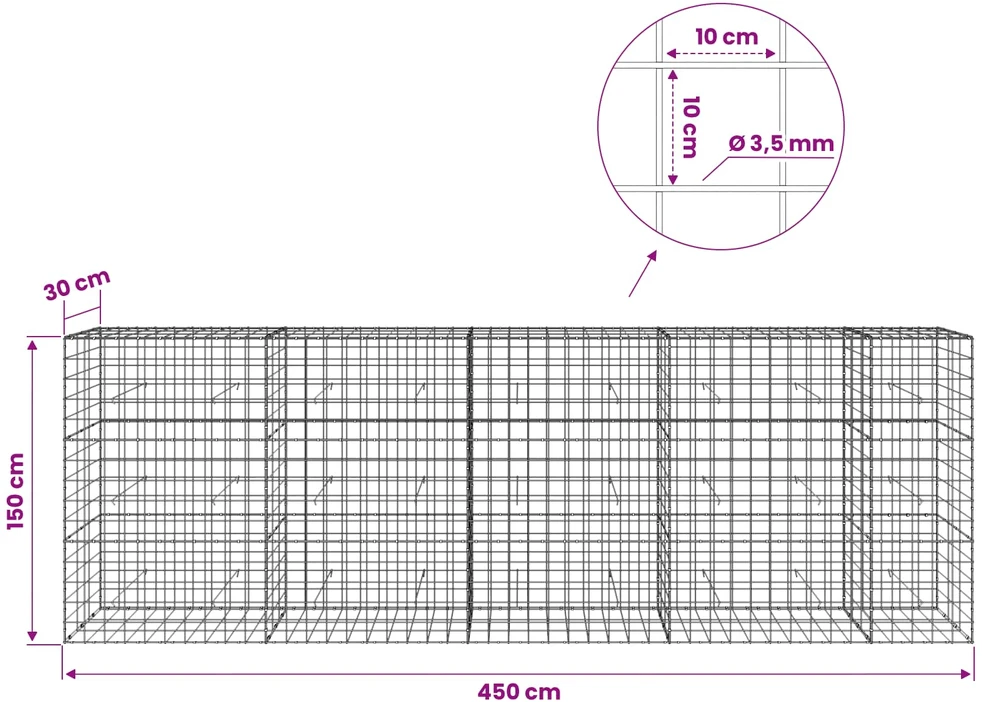 Gabionas su 3,5 mm viela ir 10x10 cm tinkleliu 450x30x150 cm