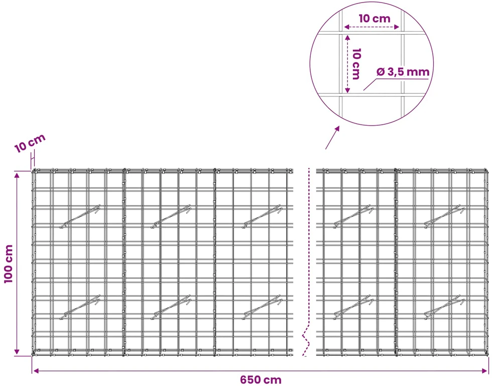 Gabionas su 3,5 mm viela ir 10x10 cm tinkleliu 650x10x100 cm