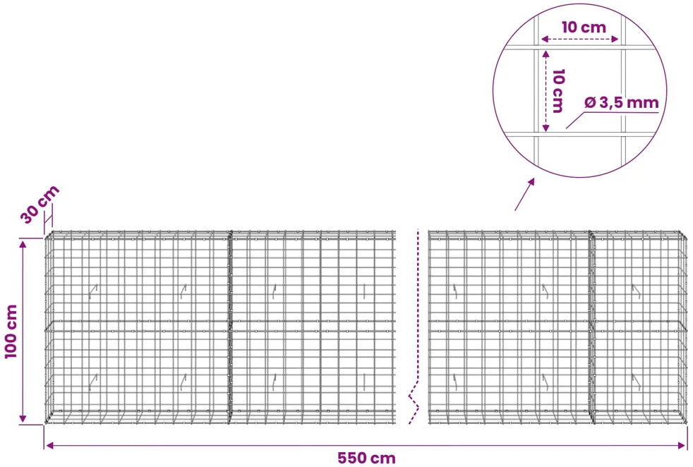 Gabionas su 3,5 mm viela ir 10x10 cm tinkleliu 550x30x100 cm