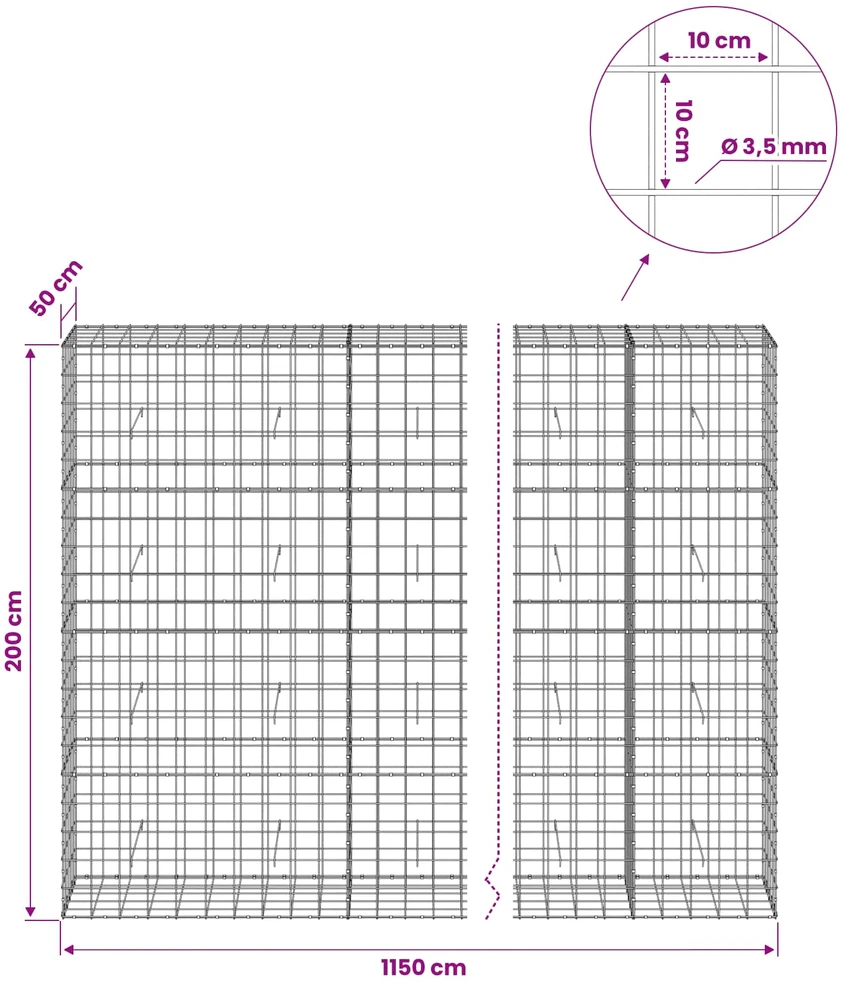 Gabionas su 3,5 mm viela ir 10x10 cm tinkleliu 1150x50x200 cm