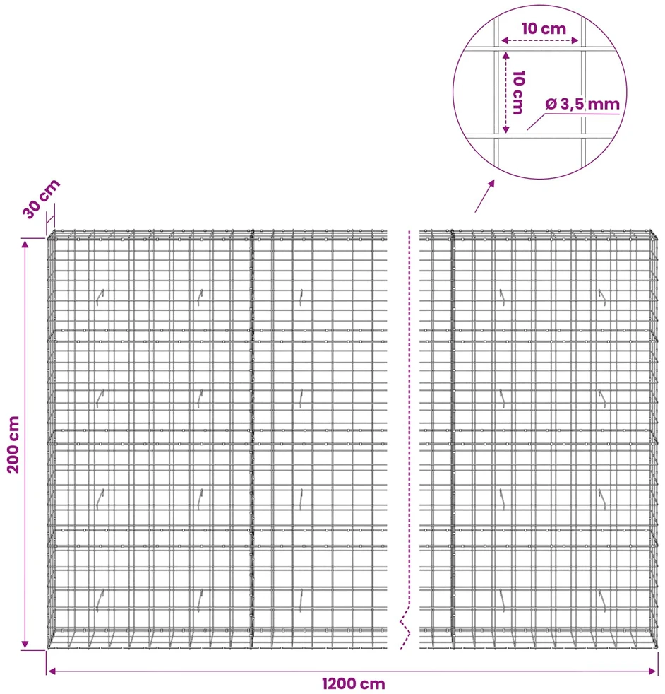 Gabionas su 3,5 mm viela ir 10x10 cm tinkleliu 1200x30x200 cm