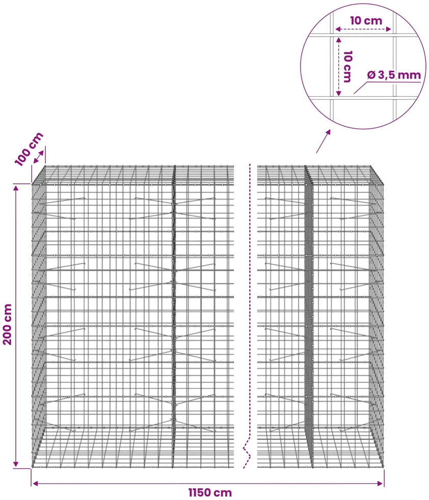 Gabionas su 3,5 mm viela ir 10x10 cm tinkleliu 1150x100x200 cm