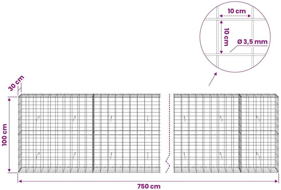 Gabionas su 3,5 mm viela ir 10x10 cm tinkleliu 750x30x100 cm