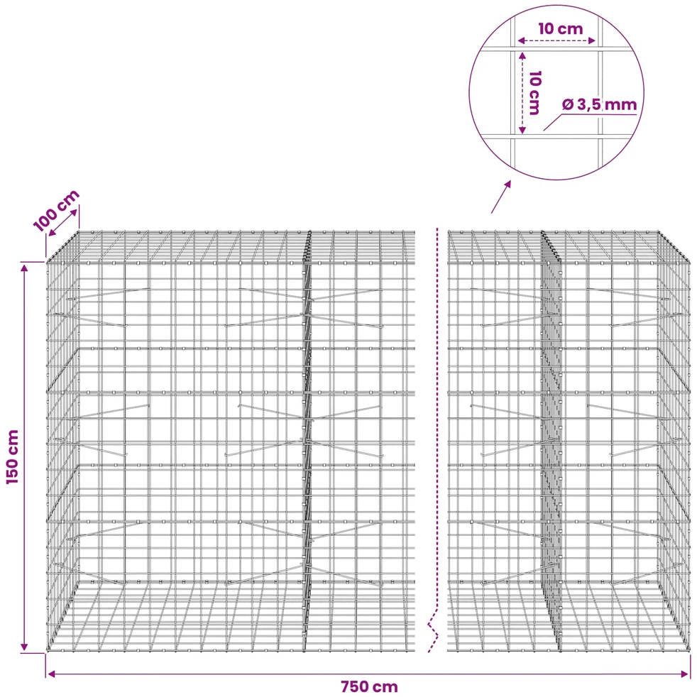 Gabionas su 3,5 mm viela ir 10x10 cm tinkleliu 750x100x150 cm