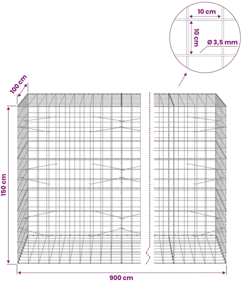 Gabionas su 3,5 mm viela ir 10x10 cm tinkleliu 900x100x150 cm