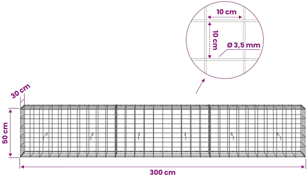 Gabionas su 3,5 mm viela ir 10x10 cm tinkleliu 300x30x50 cm