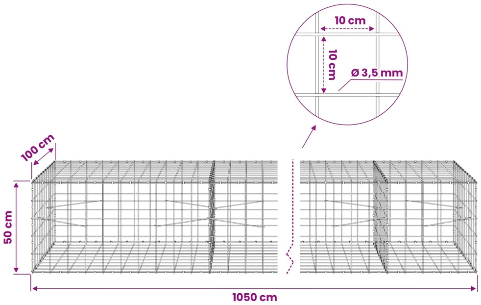 Gabionas su 3,5 mm viela ir 10x10 cm tinkleliu 1050x100x50 cm