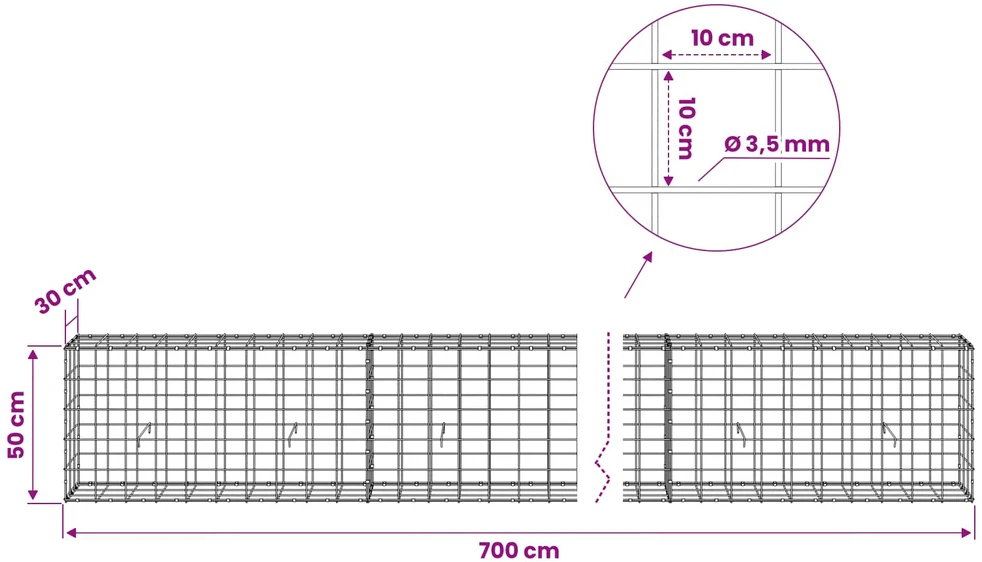 Gabionas su 3,5 mm viela ir 10x10 cm tinkleliu 700x30x50 cm