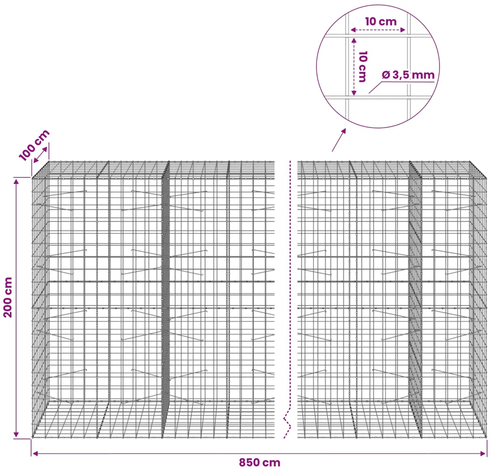 Gabionas su 3,5 mm viela ir 10x10 cm tinkleliu 850x100x200 cm