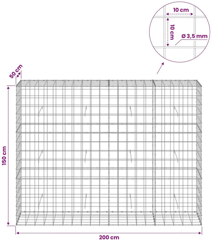 Gabionas su 3,5 mm viela ir 10x10 cm tinkleliu 200x50x150 cm