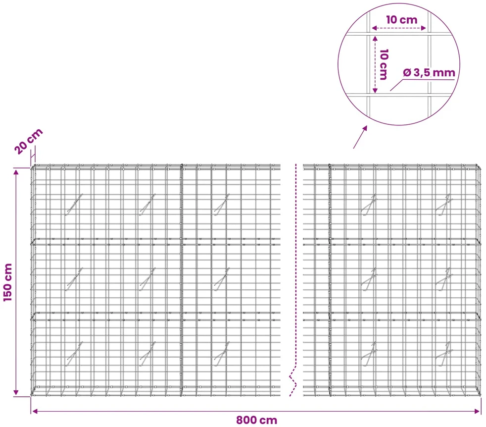 Gabionas su 3,5 mm viela ir 10x10 cm tinkleliu 800x20x150 cm