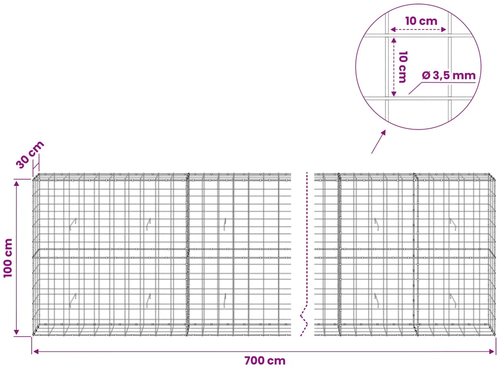 Gabionas su 3,5 mm viela ir 10x10 cm tinkleliu 700x30x100 cm