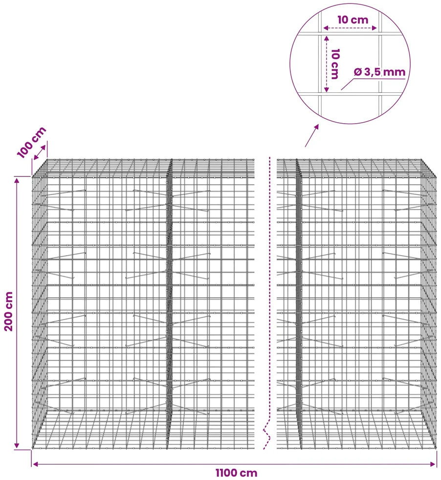 Gabionas su 3,5 mm viela ir 10x10 cm tinkleliu 1100x100x200 cm