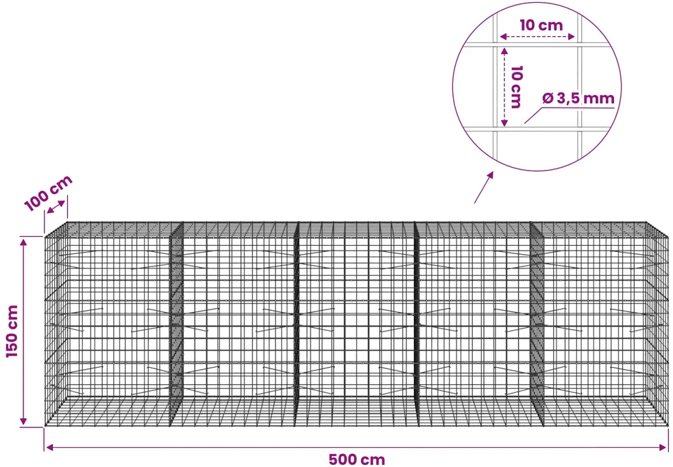 Gabionas su 3,5 mm viela ir 10x10 cm tinkleliu 500x100x150 cm