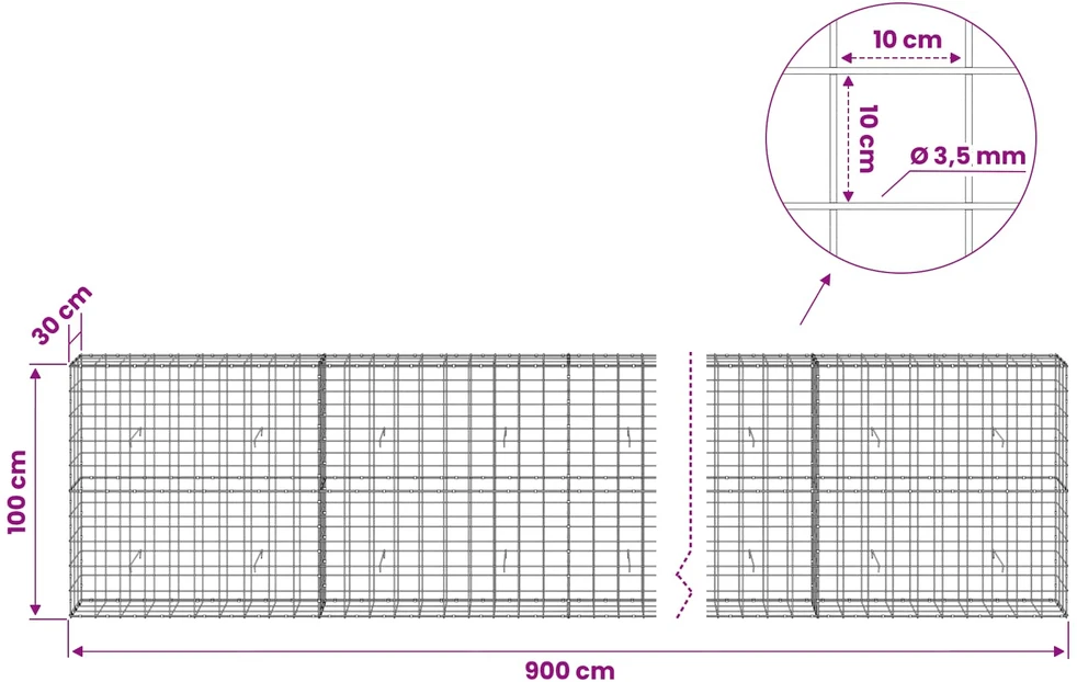 Gabionas su 3,5 mm viela ir 10x10 cm tinkleliu 900x30x100 cm