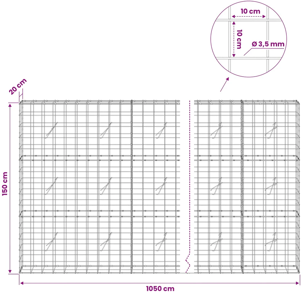 Gabionas su 3,5 mm viela ir 10x10 cm tinkleliu 1050x20x150 cm