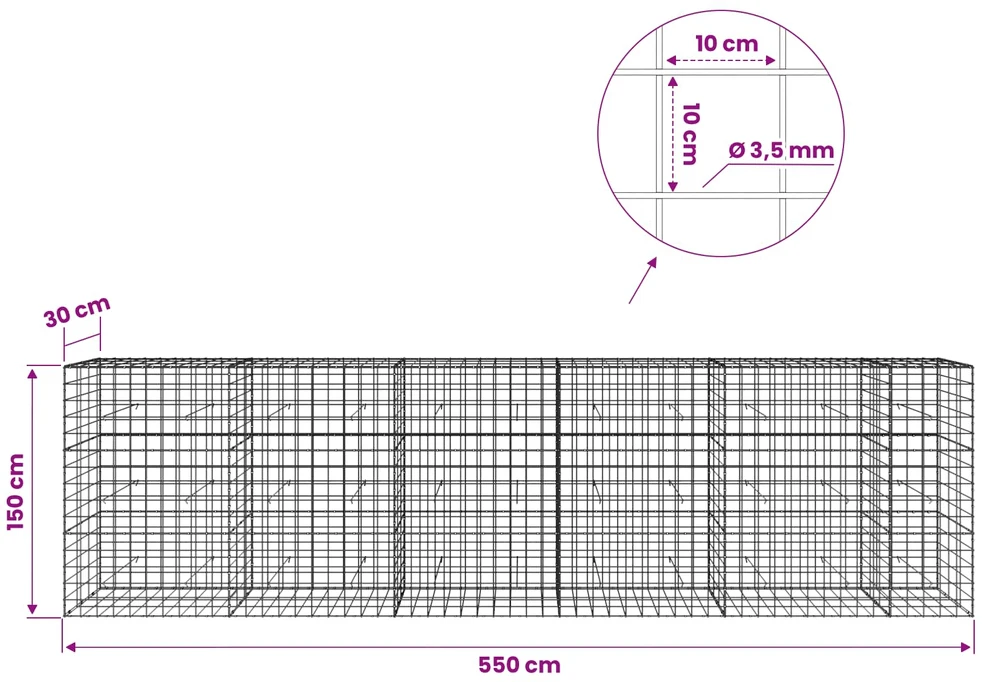 Gabionas su 3,5 mm viela ir 10x10 cm tinkleliu 550x30x150 cm