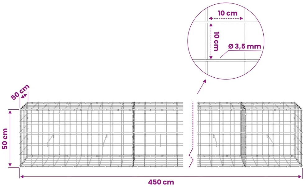 Gabionas su 3,5 mm viela ir 10x10 cm tinkleliu 450x50x50 cm