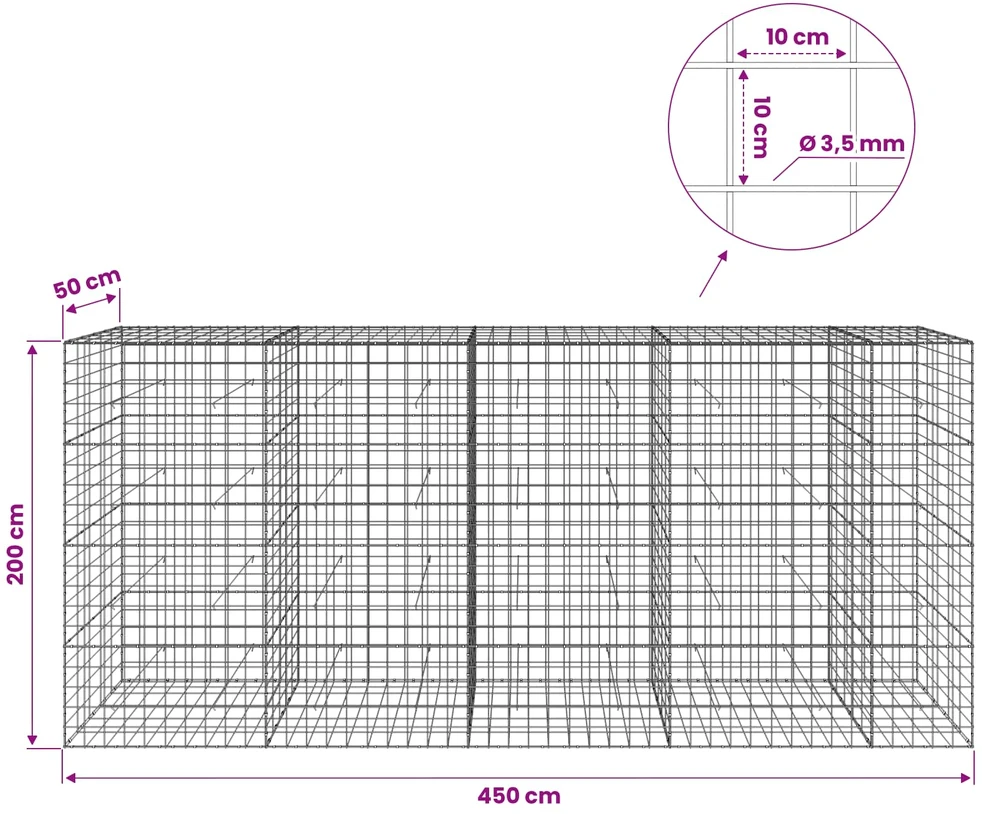 Gabionas su 3,5 mm viela ir 10x10 cm tinkleliu 450x50x200 cm