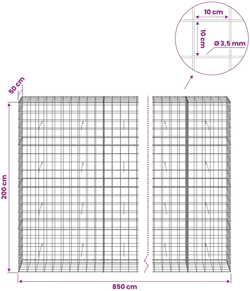 Gabionas su 3,5 mm viela ir 10x10 cm tinkleliu 850x50x200 cm