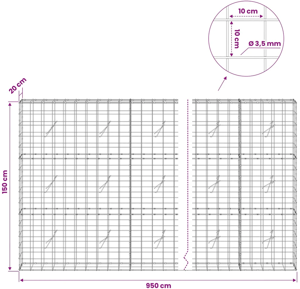 Gabionas su 3,5 mm viela ir 10x10 cm tinkleliu 950x20x150 cm
