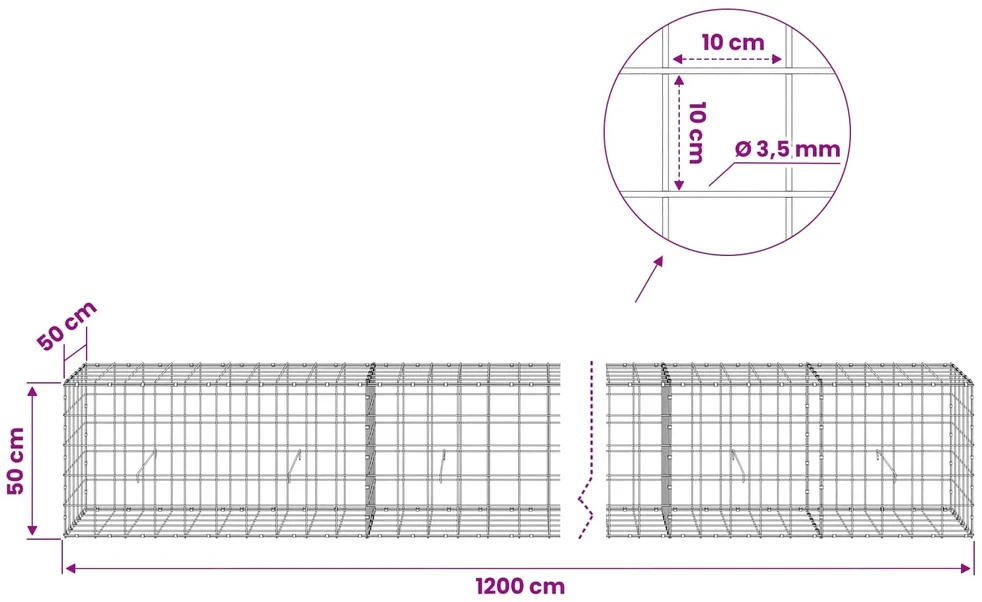 Gabionas su 3,5 mm viela ir 10x10 cm tinkleliu 1200x50x50 cm