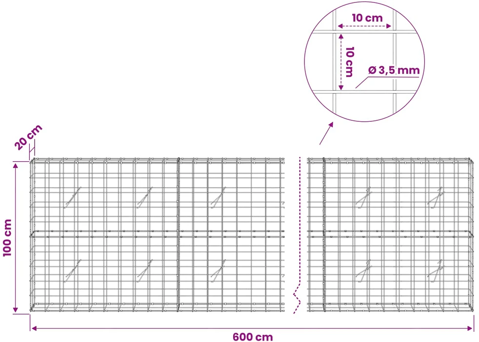 Gabionas su 3,5 mm viela ir 10x10 cm tinkleliu 600x20x100 cm