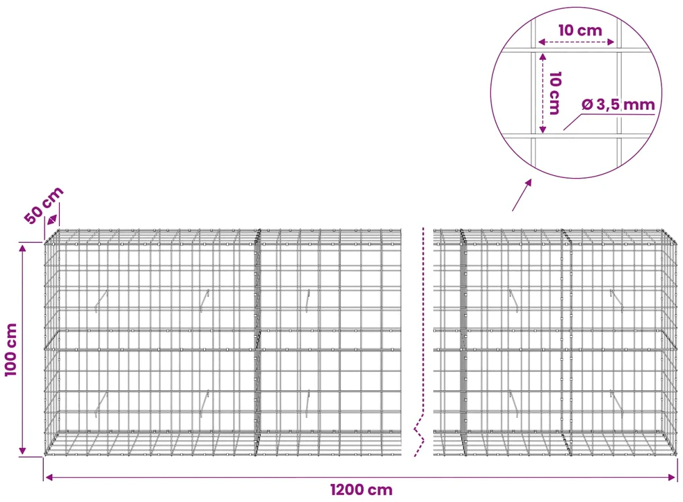 Gabionas su 3,5 mm viela ir 10x10 cm tinkleliu 1200x50x100 cm