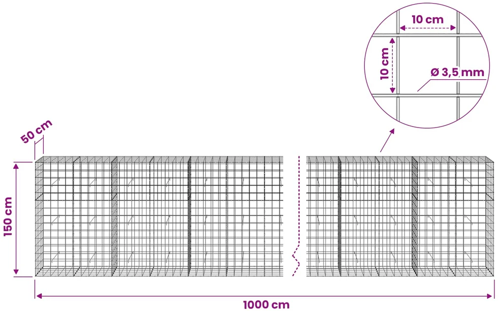Gabionas su 3,5 mm viela ir 10x10 cm tinkleliu 1000x50x150 cm