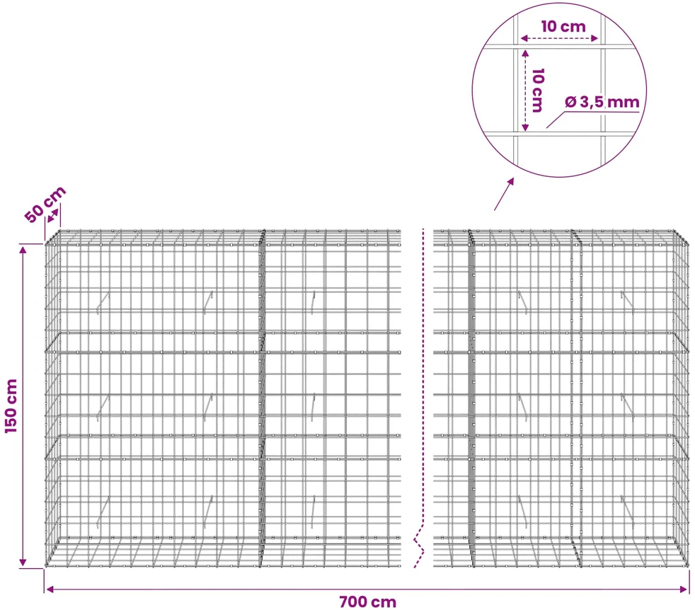 Gabionas su 3,5 mm viela ir 10x10 cm tinkleliu 700x50x150 cm
