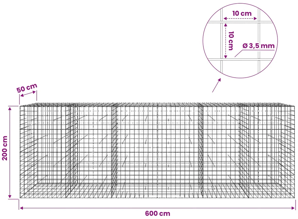 Gabionas su 3,5 mm viela ir 10x10 cm tinkleliu 600x50x200 cm