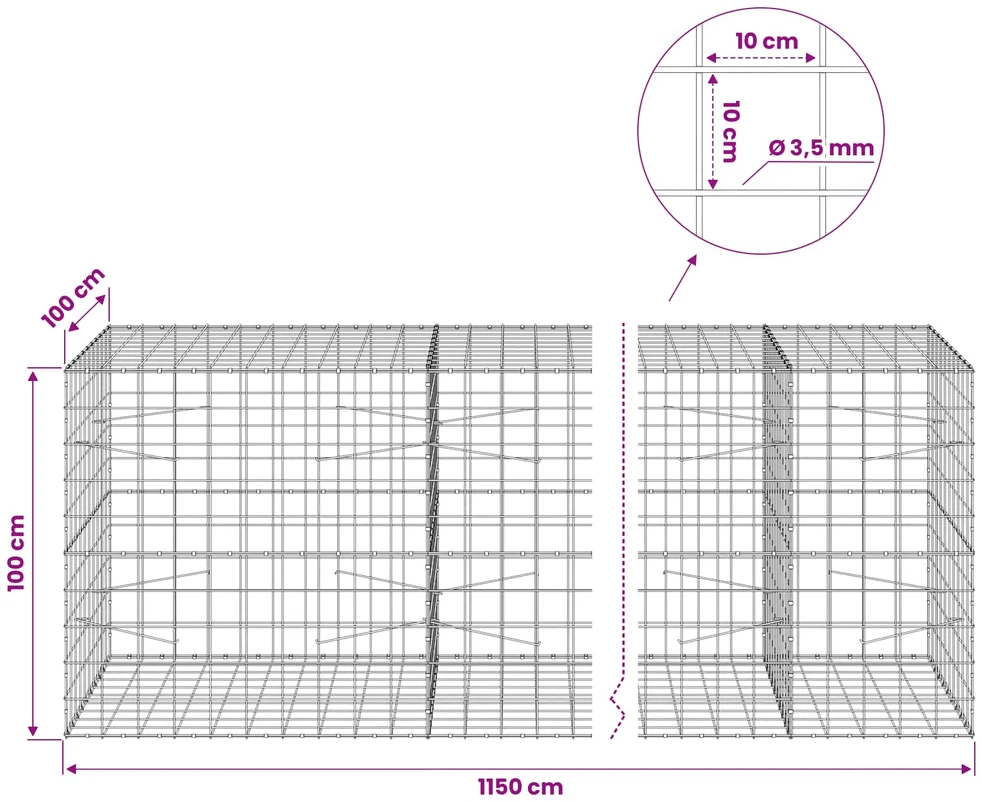 Gabionas su 3,5 mm viela ir 10x10 cm tinkleliu 1150x100x100 cm