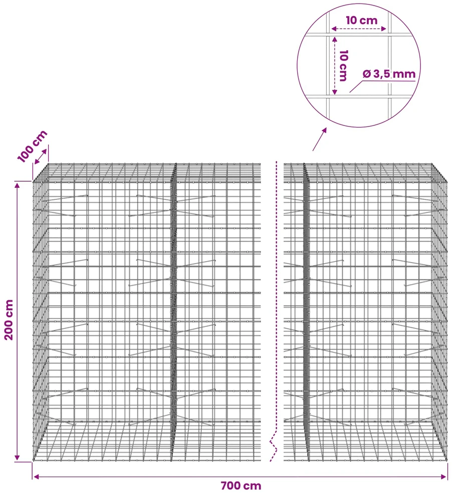 Gabionas su 3,5 mm viela ir 10x10 cm tinkleliu 700x100x200 cm