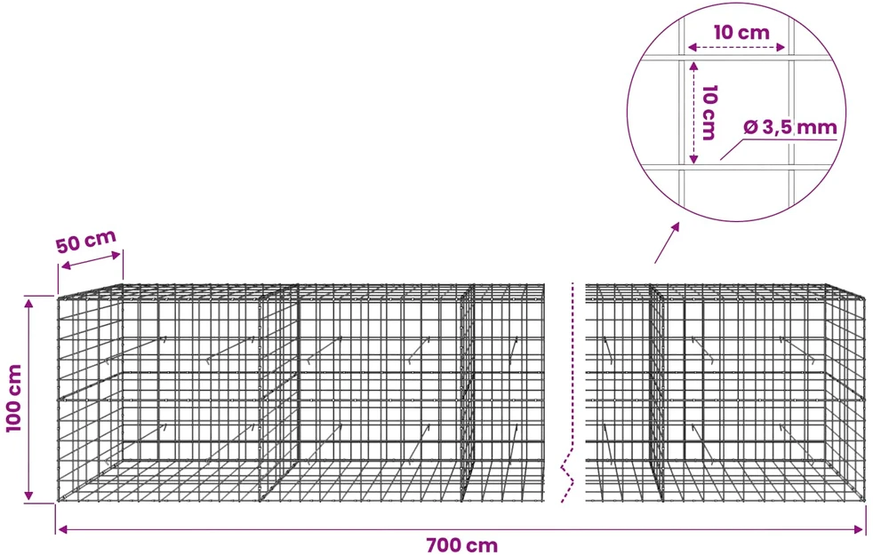 Gabionas su 3,5 mm viela ir 10x10 cm tinkleliu 700x50x100 cm
