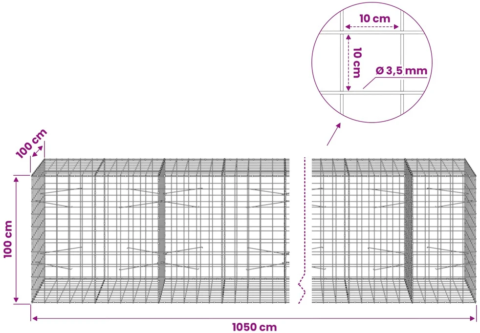 Gabionas su 3,5 mm viela ir 10x10 cm tinkleliu 1050x100x100 cm