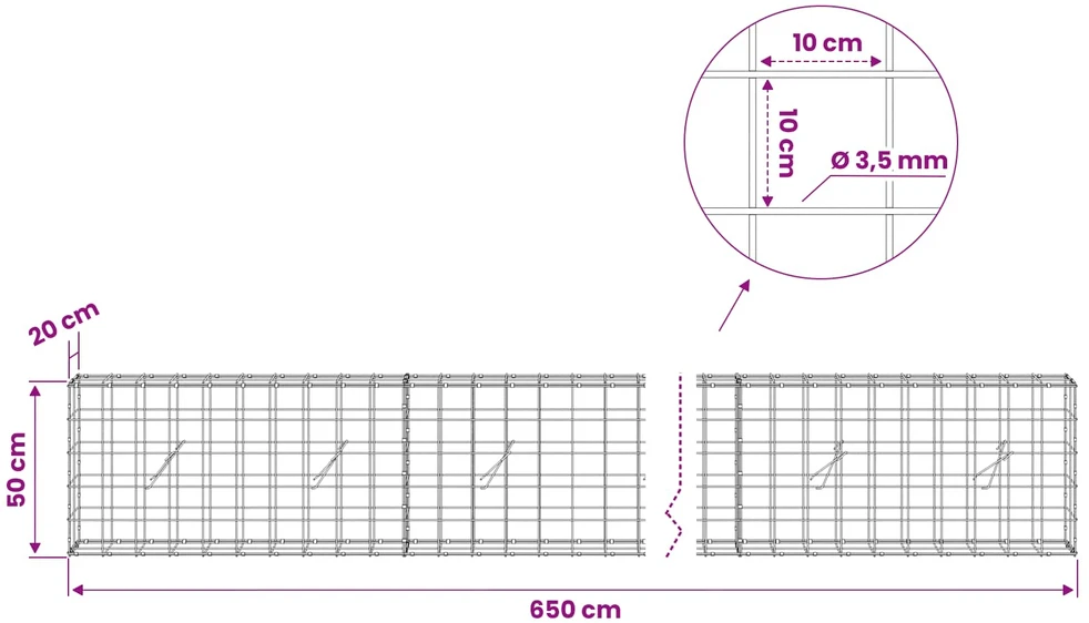 Gabionas su 3,5 mm viela ir 10x10 cm tinkleliu 650x20x50 cm