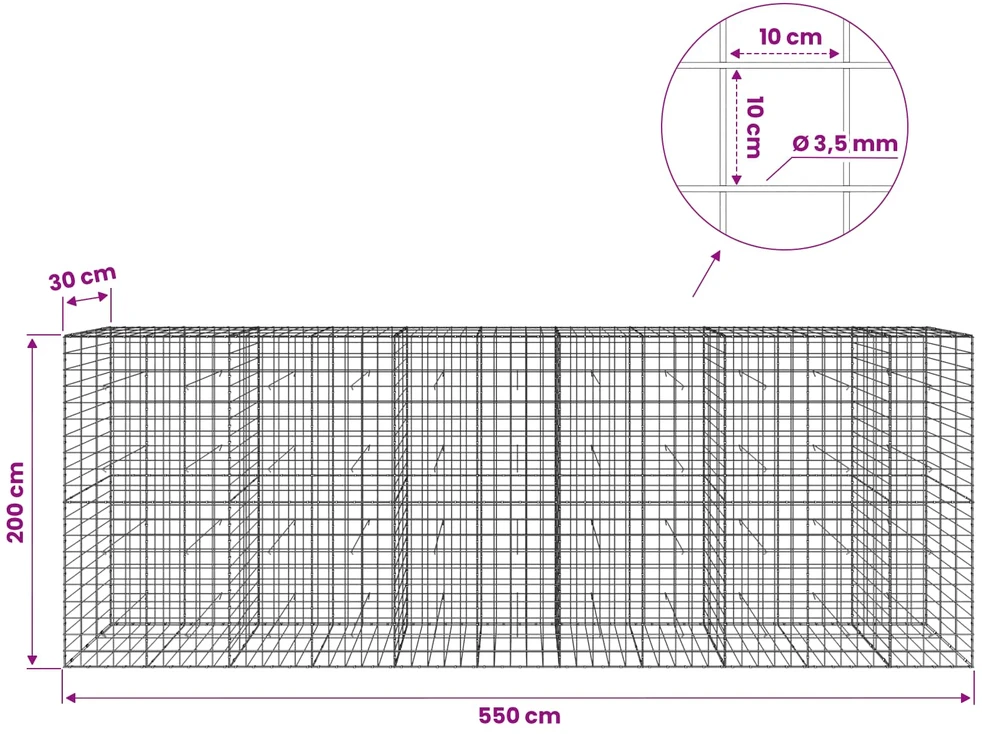 Gabionas su 3,5 mm viela ir 10x10 cm tinkleliu 550x30x200 cm
